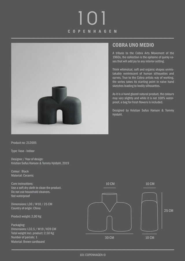 【現貨】101 Copenhagen-眼鏡蛇花瓶,Uno,中型 - 黑色